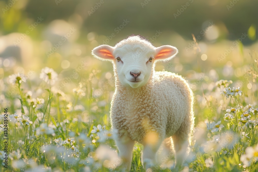 innocent lamb with fluffy white wool frolicking through meadow of wildflowers, morning dew glistening in spring sunlight, pastoral scene with soft bokeh innocent lamb with fluffy white wool frolicking through meadow of wildflowers, morning dew glistening in spring sunlight, pastoral scene with soft bokeh