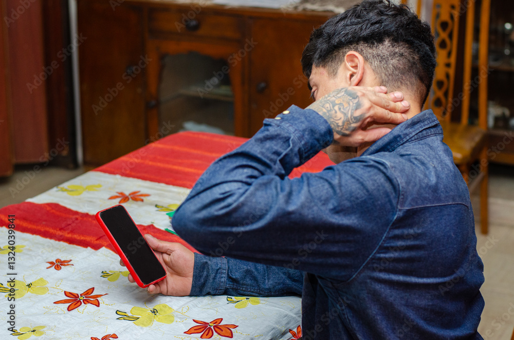Man with neck pain working from home with mobile phone and photo taking from behind Man with neck pain working from home with mobile phone and photo taking from behind