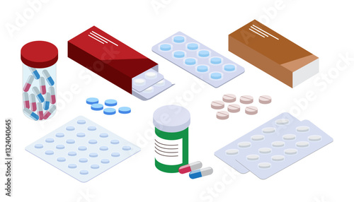 isometric medical pill tablet container plastic bottle drug capsules pharmaceutical care treatment 3d flat illustration pharmacy medication