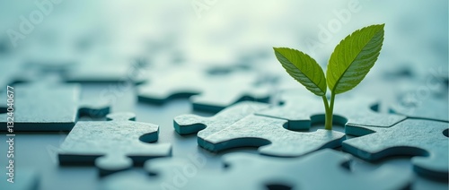 A seedling grows from puzzle pieces. Environmental protection