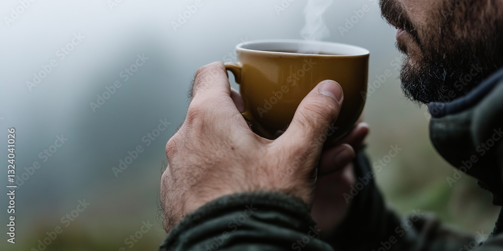 Man's Hand Holding a Yellow Mug of Hot Beverage Man's Hand Holding a Yellow Mug of Hot Beverage