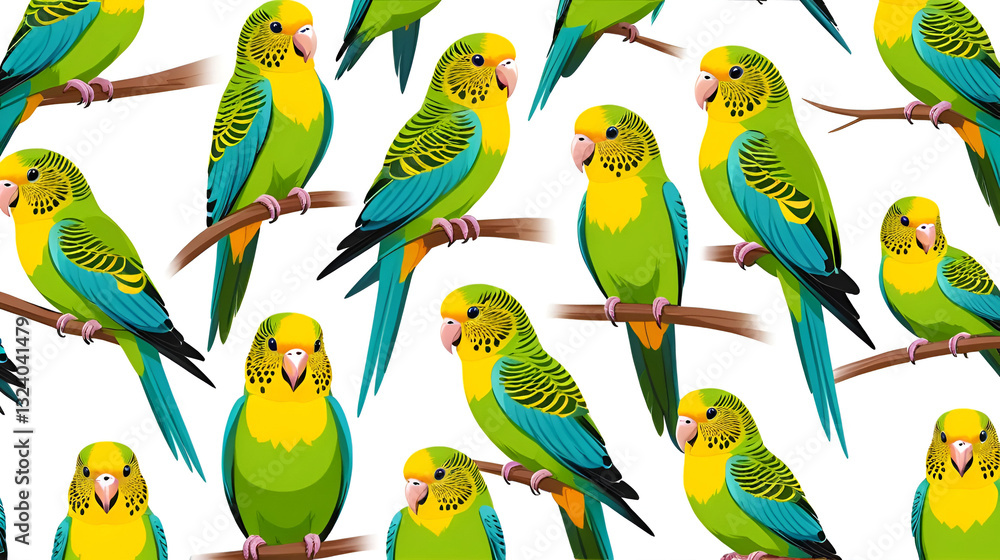 Obraz premium Budgerigar Green Bird Parrot Various Poses Cartoon Vector Character