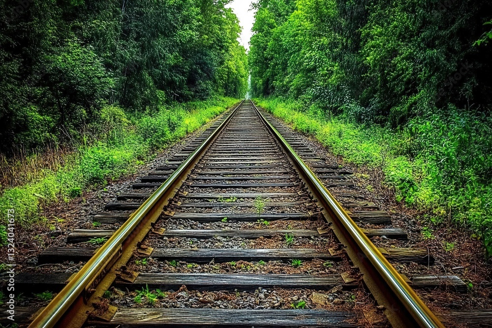 Photograph of railway tracks leading into the distance in a forest Photograph of railway tracks leading into the distance in a forest