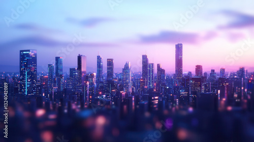 vibrant city skyline at dusk, showcasing futuristic architecture and glowing lights. scene captures essence of urban life and innovation