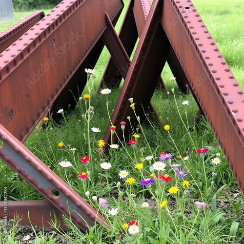 Rusty triangular steel beams lie close together, while colorful wildflowers bloom between them, creating a striking contrast in this serene outdoor setting. Nature reclaims its space photo