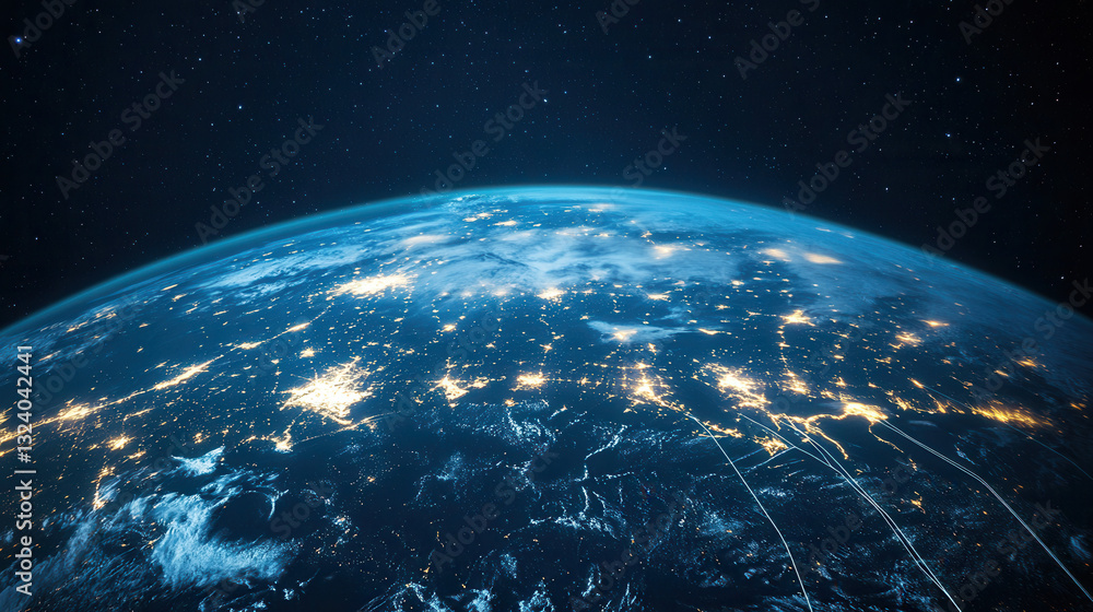 Obraz premium stunning view of Earth from space, showcasing illuminated cities and data connections across globe, highlighting digital world