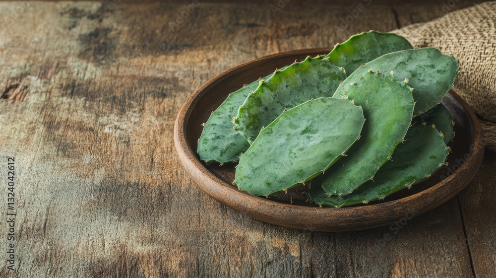 Fresh nopales on a brown plate, placed on a textured wooden surface, capturing the vibrant green color and the rustic charm of the setting Fresh nopales on a brown plate, placed on a textured wooden surface, capturing the vibrant green color and the rustic charm of the setting