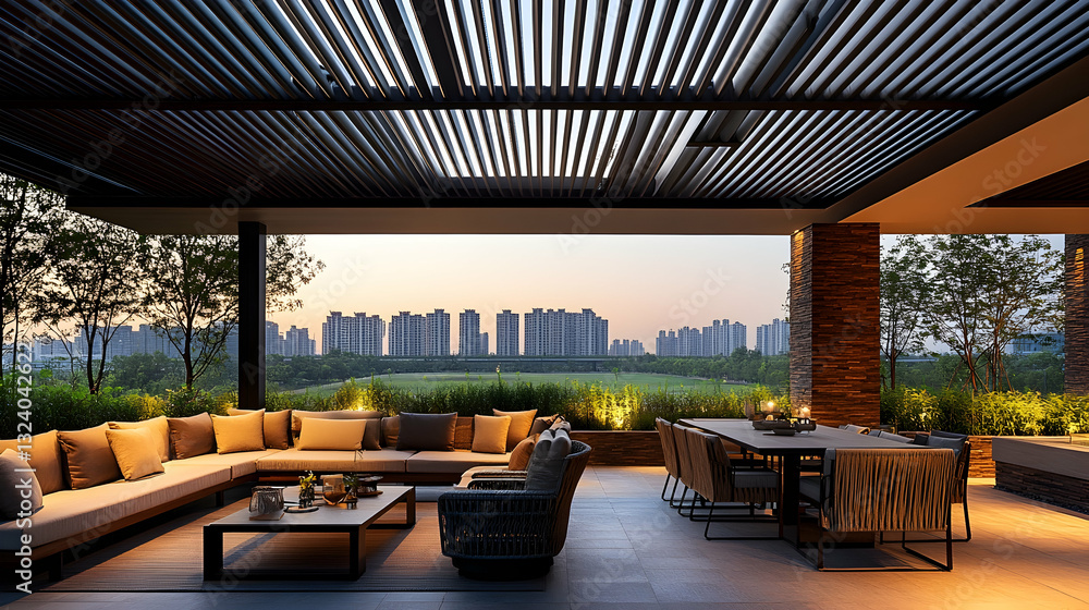 Fototapeta premium Modern outdoor living area with city view