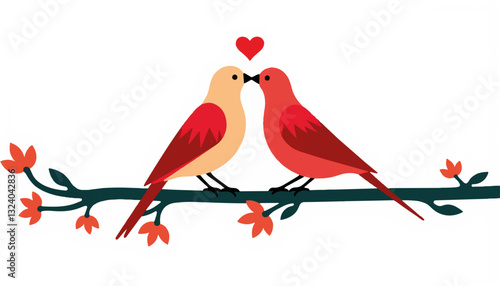 Loving birds kissing on a branch with hearts above