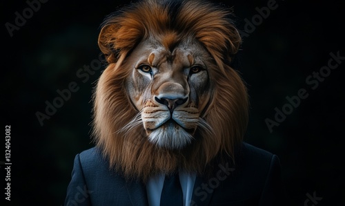 a lion in a suit with a powerful gaze, exuding confidence and authority. The lion's presence commands respect, embodying leadership