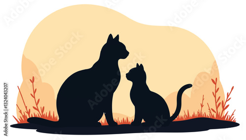 Silhouetted cat and kitten sitting against a colorful background