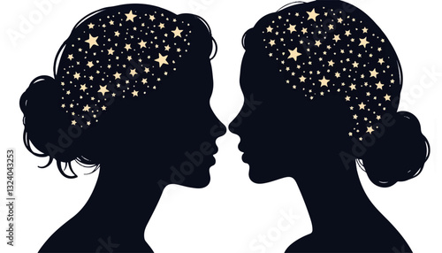 Silhouette of two women with starry thoughts against a dark background