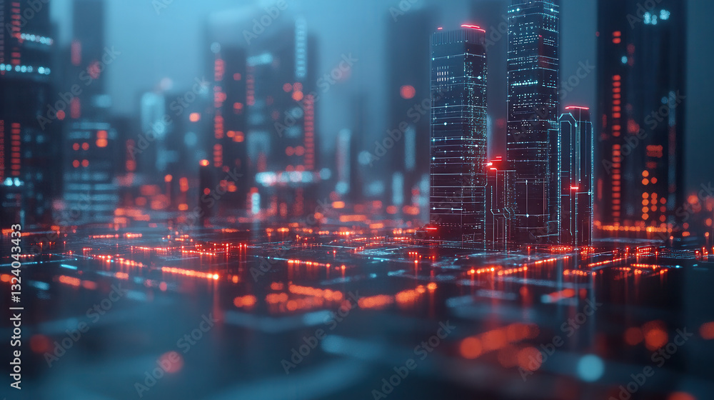 Obraz premium Futuristic cityscape with glowing data networks and skyscrapers