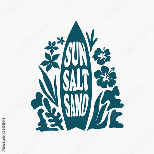 Sun, salt, sand lettering. Surf beach vibes. Tropical logo with surfboard, hibiscus flowers, palms leaves, sea waves. Summer fabric textile print. Vector isolated  background.