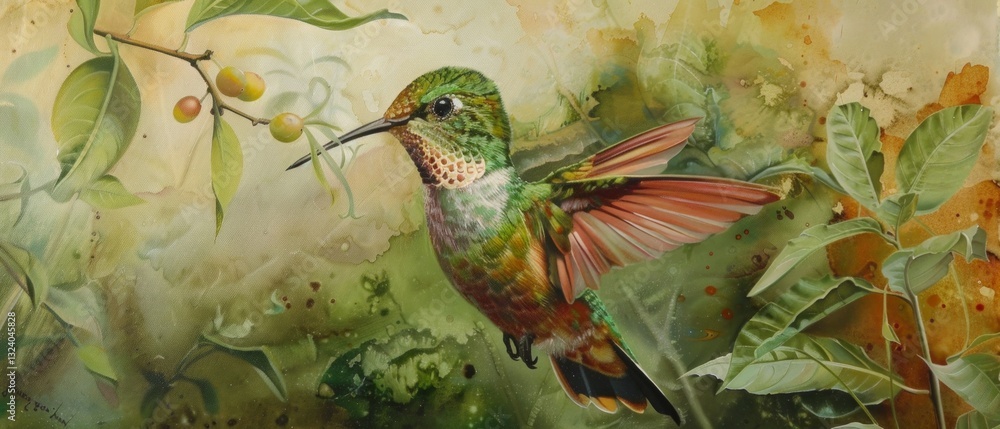 Fototapeta premium Detailed illustration of hummingbird in flight among greenery, suitable for book cover design about nature or ecology.