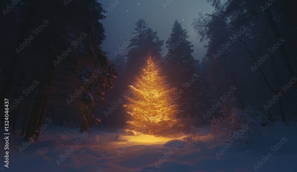 Fototapeta premium A Christmas tree in the snow at night. A beautiful, glowing Christmas pine against a starry sky.