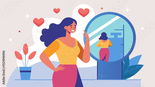 A woman stands in front of a mirror gently tapping on her face while repeating affirmations of selflove and acceptance.. Vector illustration