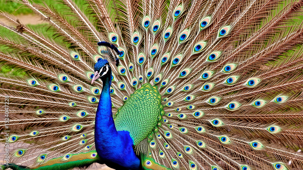 Obraz premium A male peacock with the fanned-out wheel of its tail feathers during courtship