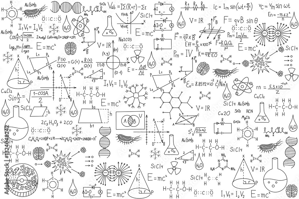 School background with various formulas, drawings on geometry, chemistry, biology and physics. School blackboard with handwritten formulas. Abstract scientific black and white illustration for design. School background with various formulas, drawings on geometry, chemistry, biology and physics. School blackboard with handwritten formulas. Abstract scientific black and white illustration for design.