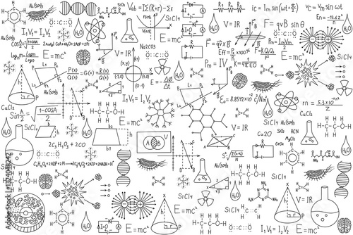 School background with various formulas, drawings on geometry, chemistry, biology and physics. School blackboard with handwritten formulas. Abstract scientific black and white illustration for design.