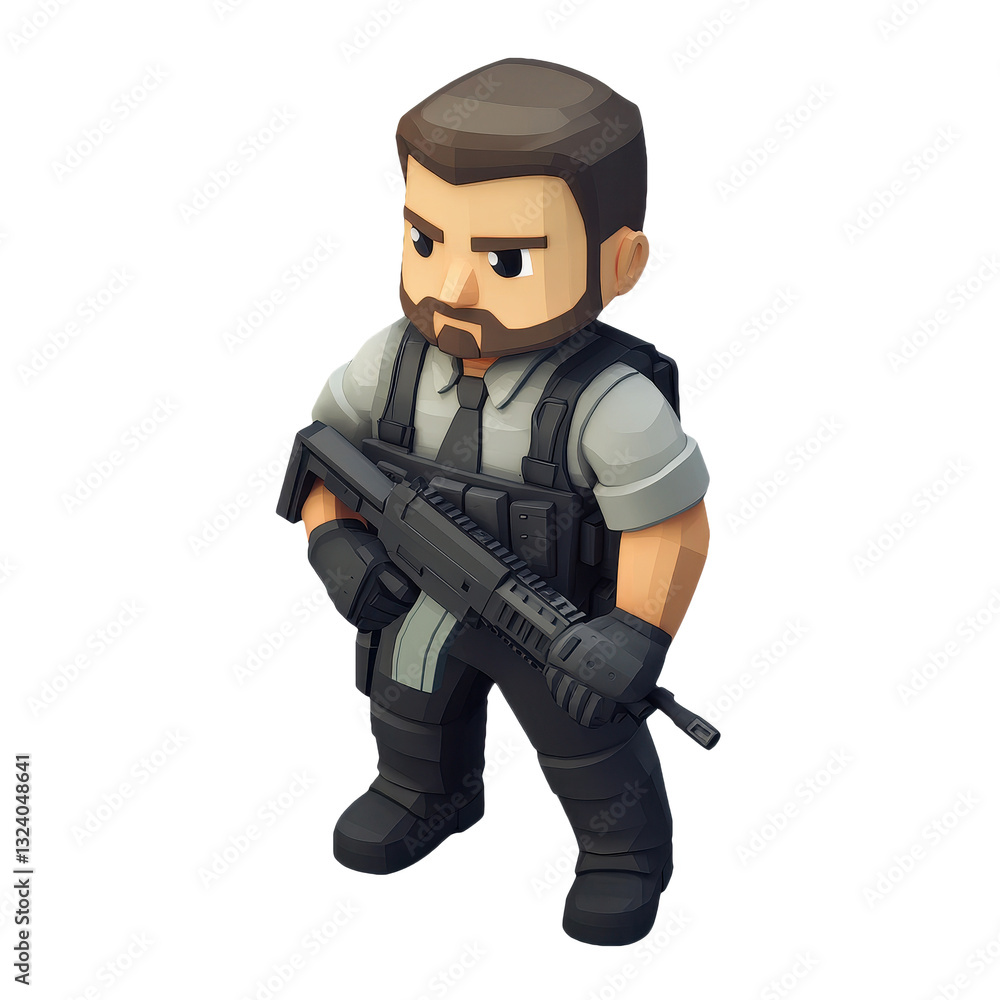 Stylized Soldier Character with Firearm: A Portrait of Vigilance and Strength in a World of Defense, Security, and Military Might - A Symbol of Courage and Determination Stylized Soldier Character with Firearm: A Portrait of Vigilance and Strength in a World of Defense, Security, and Military Might - A Symbol of Courage and Determination