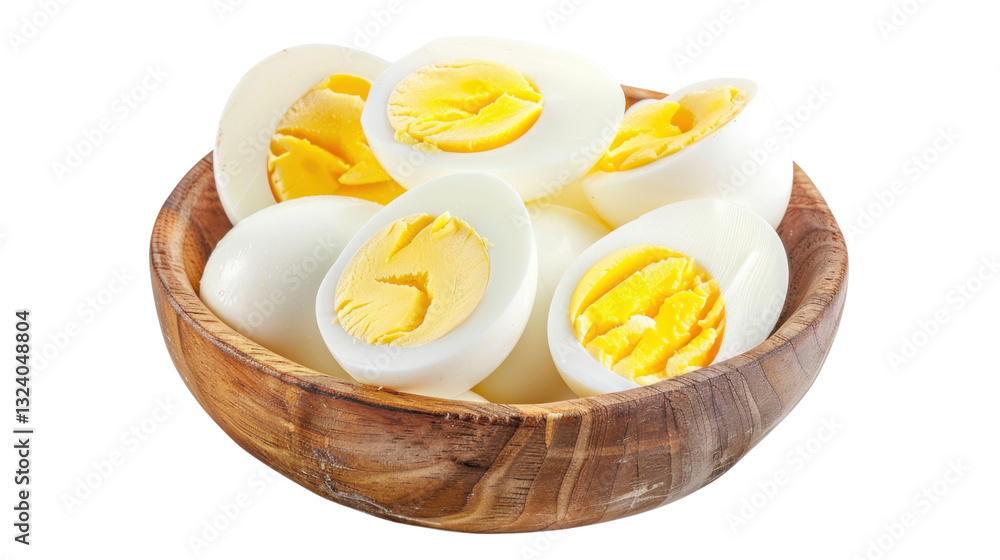 Boiled eggs halved and displayed in wooden bowl on transparent background Boiled eggs halved and displayed in wooden bowl on transparent background