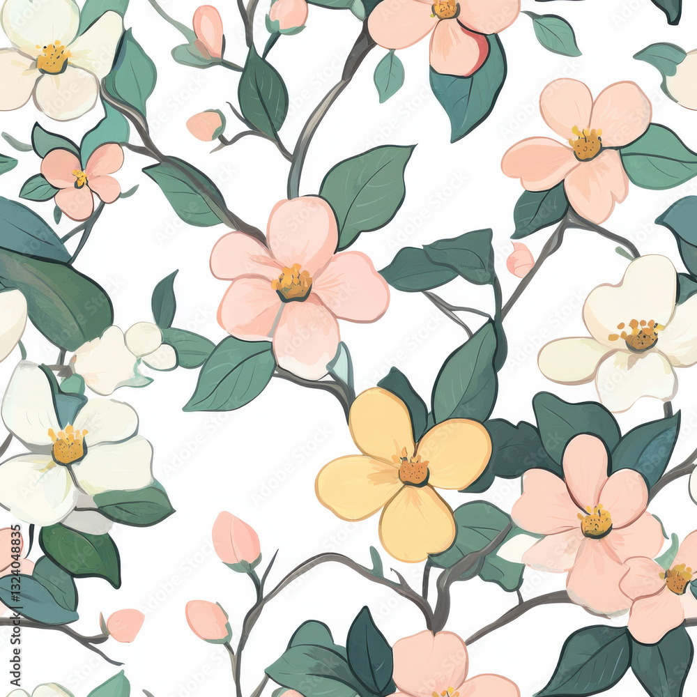 seamless pattern of spring blossoms in a paint-by-number style, using soft pastel colors. seamless pattern of spring blossoms in a paint-by-number style, using soft pastel colors.