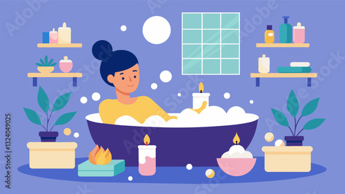 An individual taking a long bath with bath bombs and candles creating a soothing and calming environment.. Vector illustration