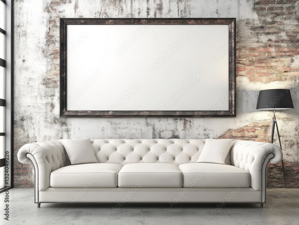 White sofa with large frame in industrial loft. White sofa with large frame in industrial loft.