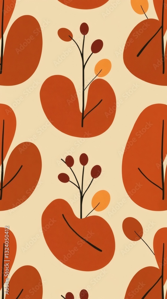 Fototapeta premium seamless pattern with stylized orange and brown plants. The design features repeating patterns with decorative leaves, branches, and berries, perfect for textile and background designs