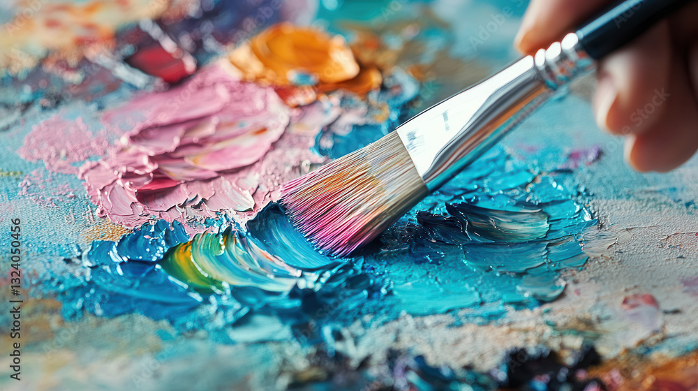 Fototapeta premium painter brush blends vibrant colors on textured canvas, showcasing creativity and artistry