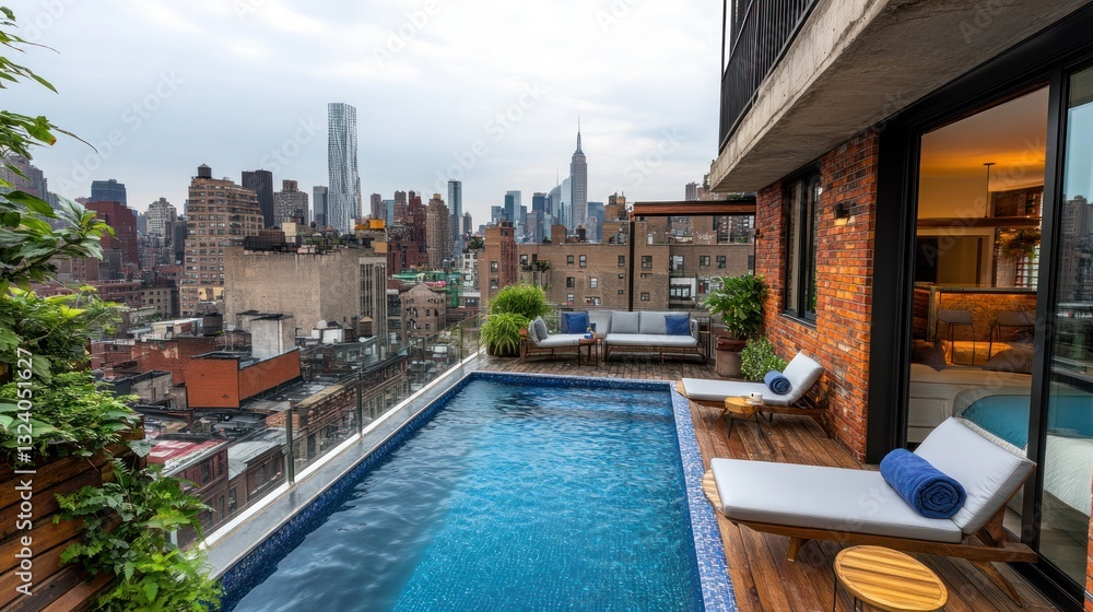 Obraz premium Rooftop Plunge Pool with Manhattan Skyline View