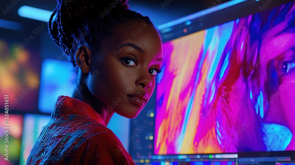 Modern Film Editing Room with Colorist Adjusting Visuals in Bright Creative Environment with Vibrant Colors and Multiple Screens