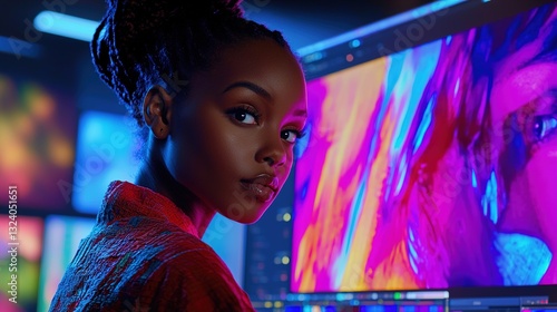 Obraz na płótnie Modern Film Editing Room with Colorist Adjusting Visuals in Bright Creative Environment with Vibrant Colors and Multiple Screens w salonie