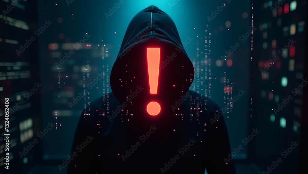 a hooded figure with an exclamation point symbolizing a data breach. The person is covered in a black hoodie, emphasizing the danger and security threats a hooded figure with an exclamation point symbolizing a data breach. The person is covered in a black hoodie, emphasizing the danger and security threats