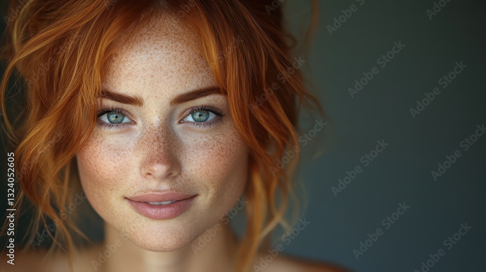 This close-up image showcases a striking red-haired model with freckles and bright blue eyes, exuding confidence and personality in a softly lit setting that enhances her beauty. This close-up image showcases a striking red-haired model with freckles and bright blue eyes, exuding confidence and personality in a softly lit setting that enhances her beauty.