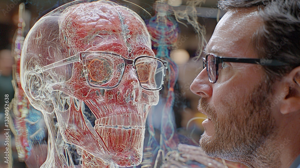 Intricate 3D Medical Modeler in a Digital Workspace Showcasing Anatomical Structures in Standard Scale and Human Interaction