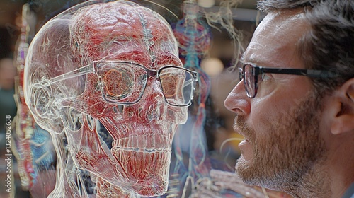 Obraz na płótnie Intricate 3D Medical Modeler in a Digital Workspace Showcasing Anatomical Structures in Standard Scale and Human Interaction w salonie