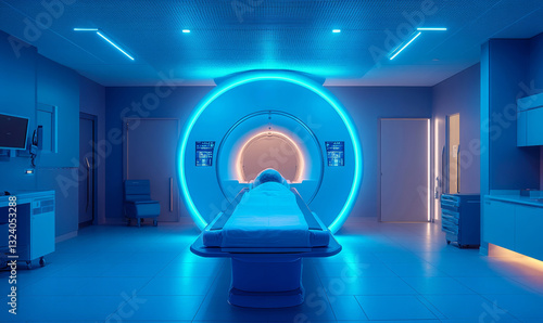 a futuristic medical environment with a patient lying inside a high-tech scanner, bathed in cool blue light. The scene evokes a sense of innovation and healthcare technology. 
