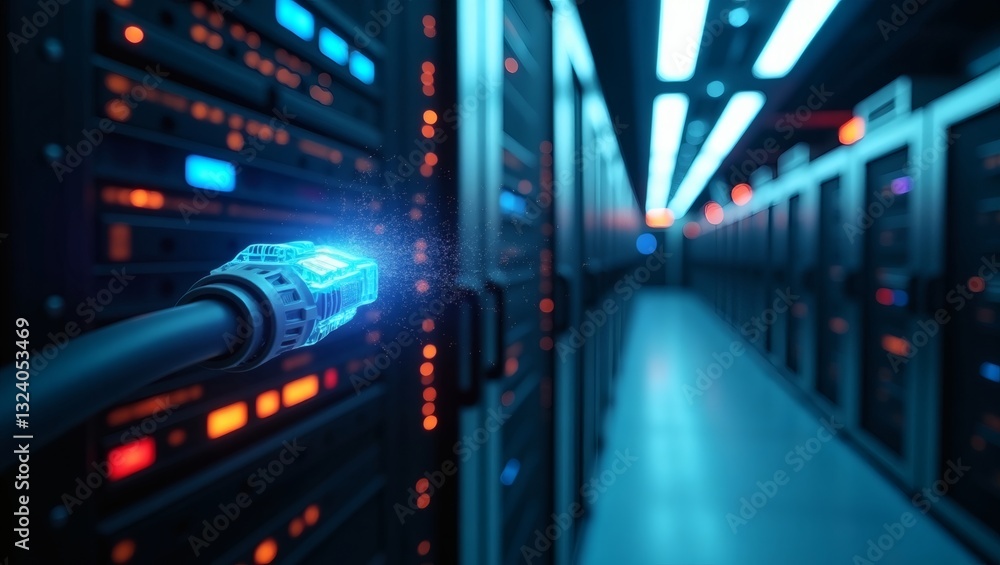 a network cable with an RJ45 connector plugged into a server rack, representing data transfer. The server room is bathed in blue light a network cable with an RJ45 connector plugged into a server rack, representing data transfer. The server room is bathed in blue light