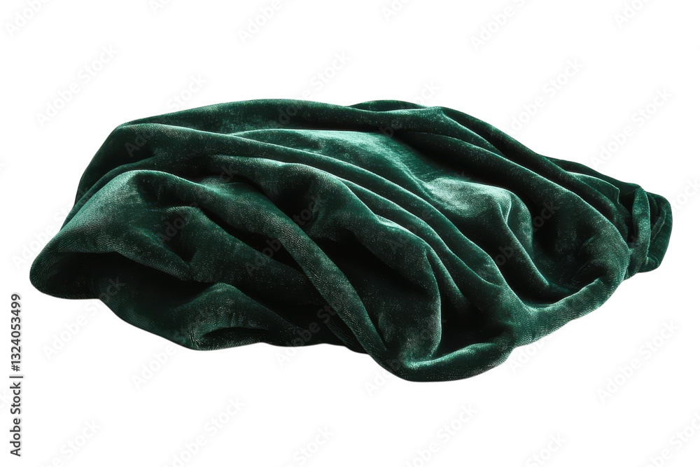 Luxurious emerald green velvet blanket draped elegantly against a soft, neutral backdrop isolated on transparent background