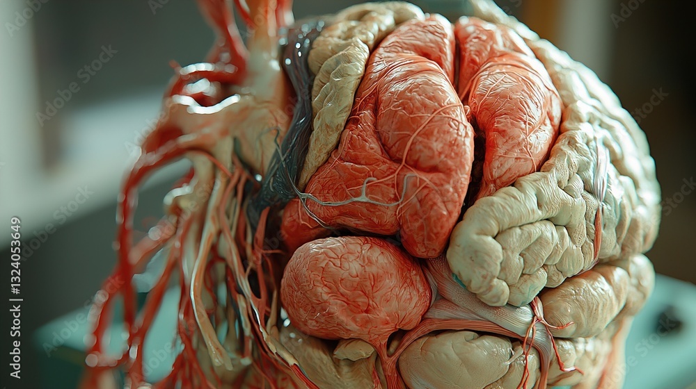 Intricate Medical Illustration of Human Brain Anatomy Highlighting Details of Vessels, Tissues, and Complex Structures for Educational Purposes