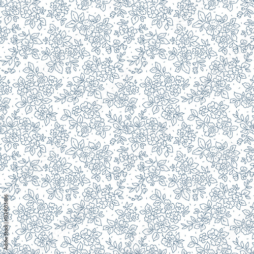 Cute floral pattern in small flowers. Small blue hand drawn lines flowers. White background. Ditsy print. Floral seamless background. Template with flowers for fashion prints. Stock pattern.