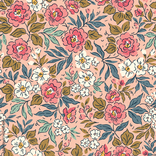 Vintage floral background. Floral pattern with pink and white roses flowers on a light pink background. Seamless pattern for design and fashion prints. Ditsy style. Stock vector illustration.