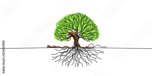  tree in one line. Graphic vector illustration of a continuous line drawing of a tree with roots