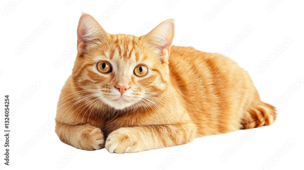 Obraz premium Adorable orange tabby cat resting peacefully with captivating eyes, showcasing its lively fur pattern and friendly demeanor.