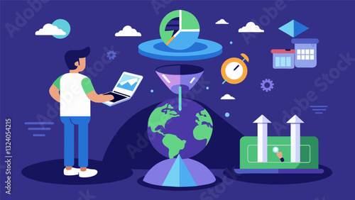 In the virtual world you can manipulate time fastforwarding and rewinding to see how different data points change and evolve over time.. Vector illustration