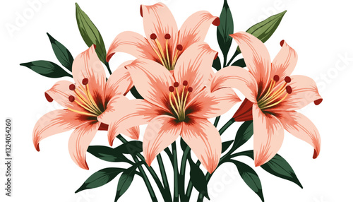 Peach lilies blooming with green leaves
