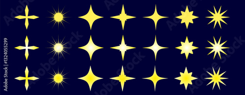 Set of yellow stars on a blue background, star, vector image, space, starry sky, stars illustration, isolated on transparent