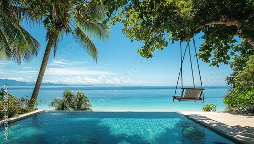 An infinity pool overlooking the ocean, with palm trees and an elegant swing chair hanging
